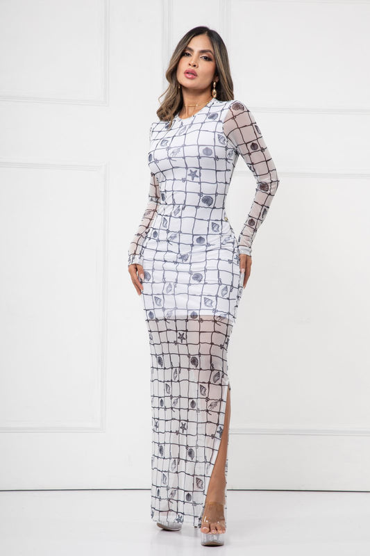 Blue Check & Ocean Print Dress