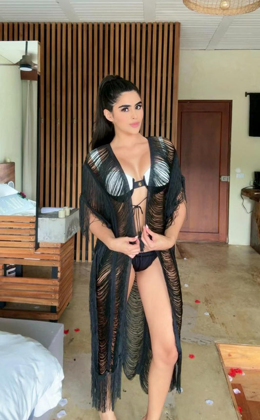 Black Fringe Mesh Cover-Up